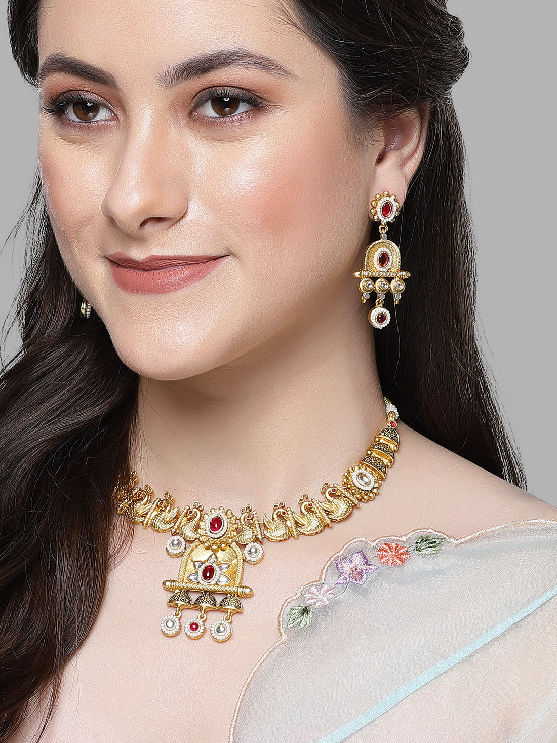 Karatcart Gold Plated Red Stone Peacock Design Temple Jewellery Set for Women