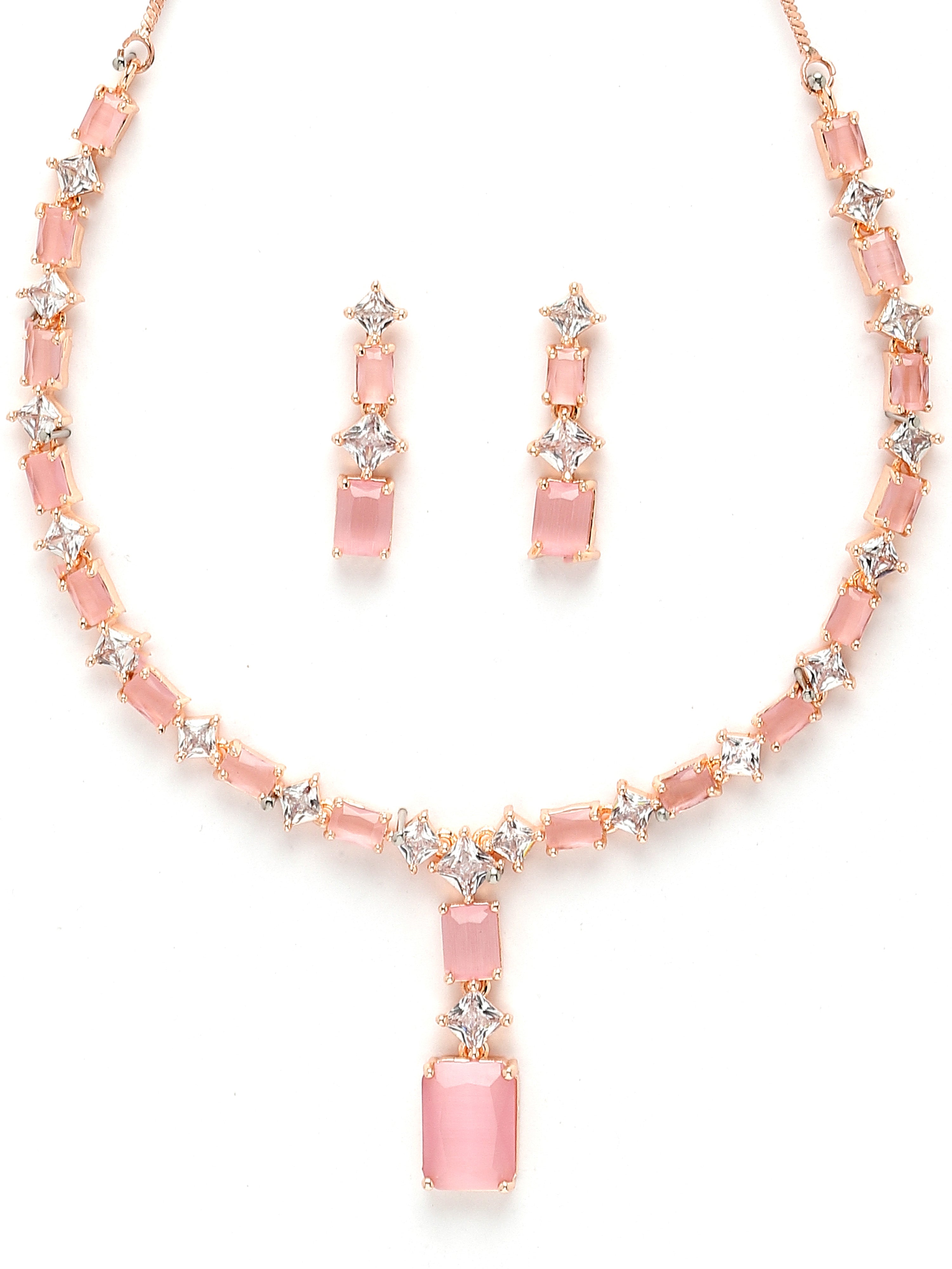 Karatcart Pink Cubic Zirconia Studded Rose Gold Plated Necklace Set for Women - view 4