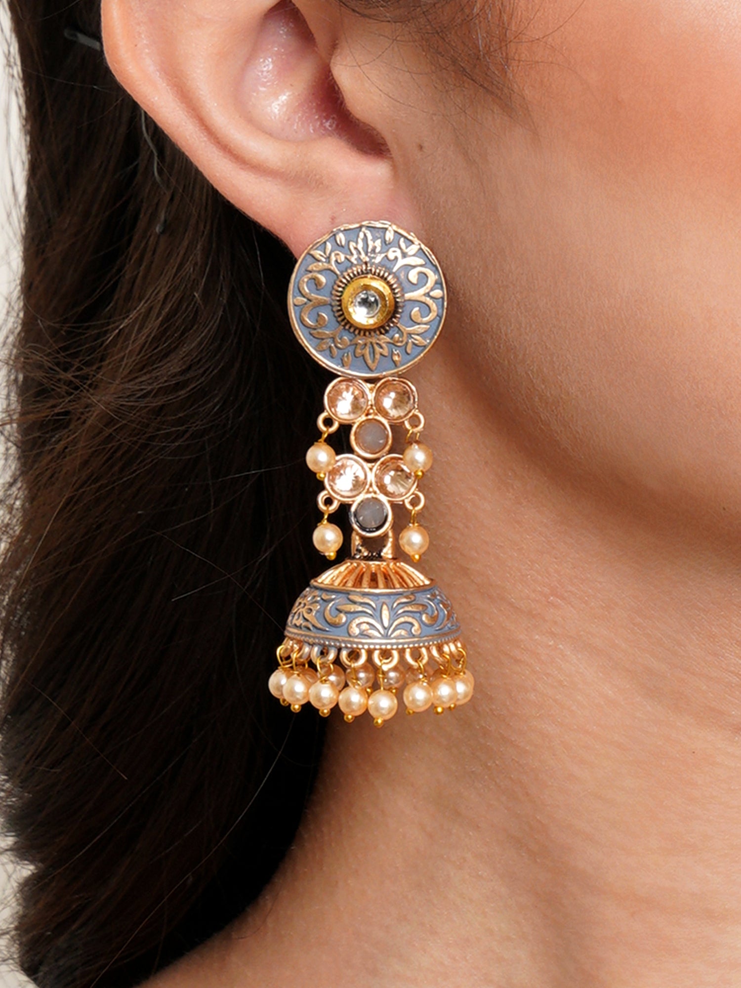 Karatcart Gold Plated Grey Meena and Pearl Studded Jhumki Earrings for Women - Image 1