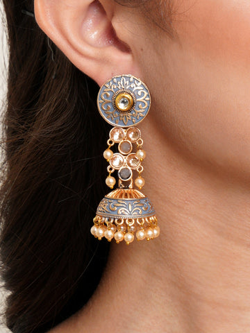 Karatcart Gold Plated Grey Meena and Pearl Studded Jhumki Earrings for Women