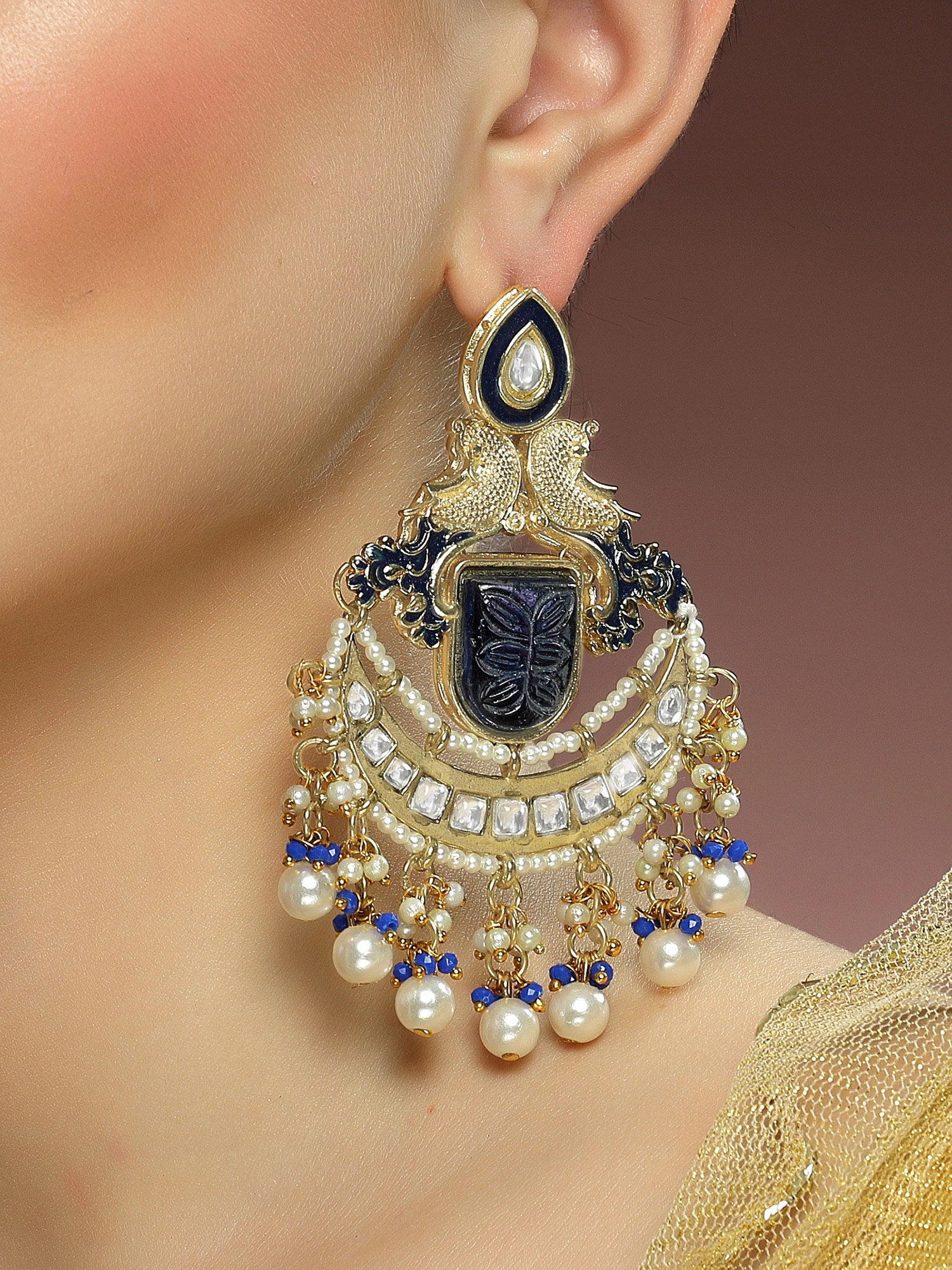 Karatcart Gold Plated Blue Carved Stone Kundan Dangler Earrings for Women - Image 1