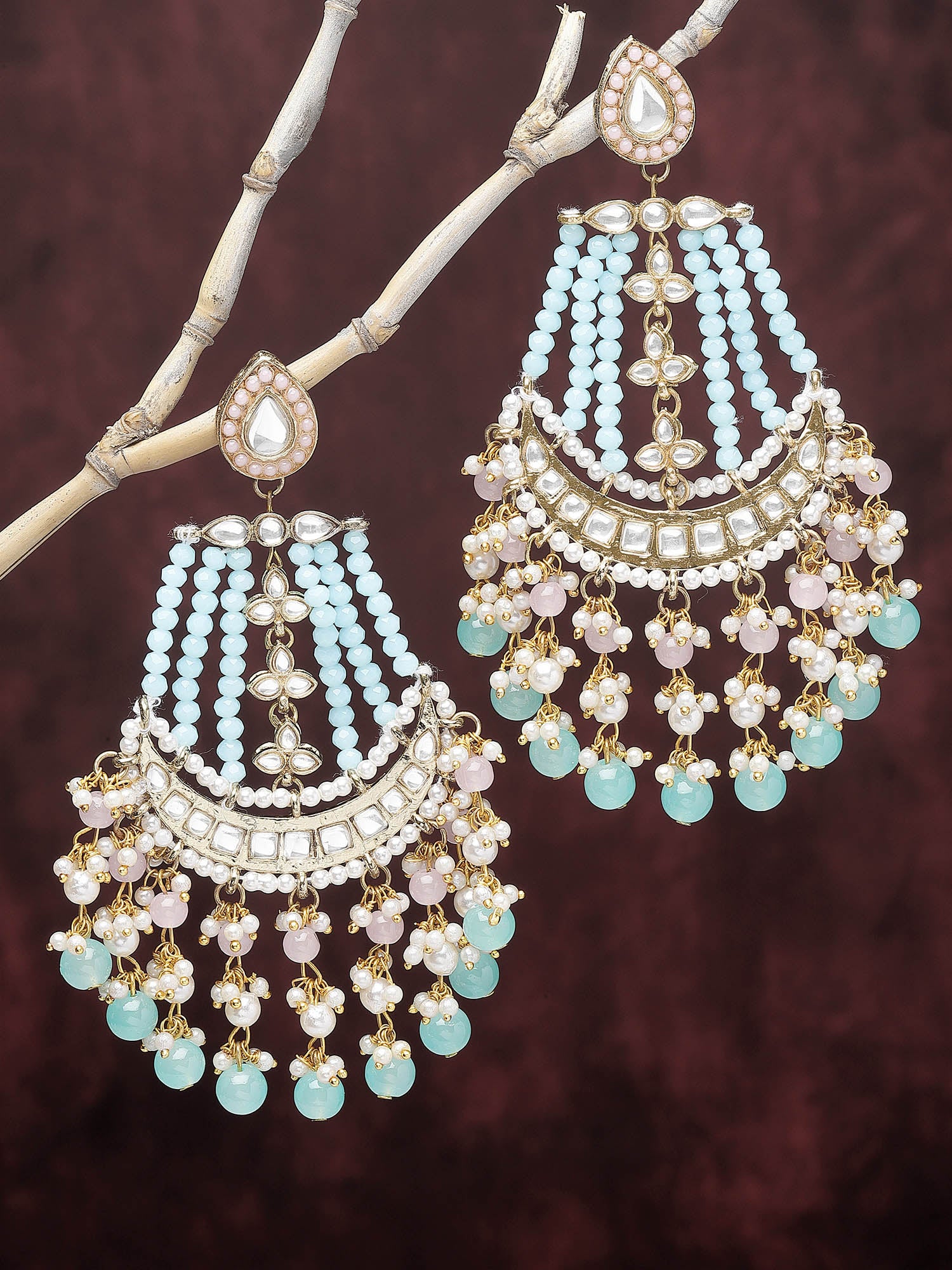 Karatcart Gold Plated Blue and Pink Kundan Studded Dangler Earrings for Women - view 3