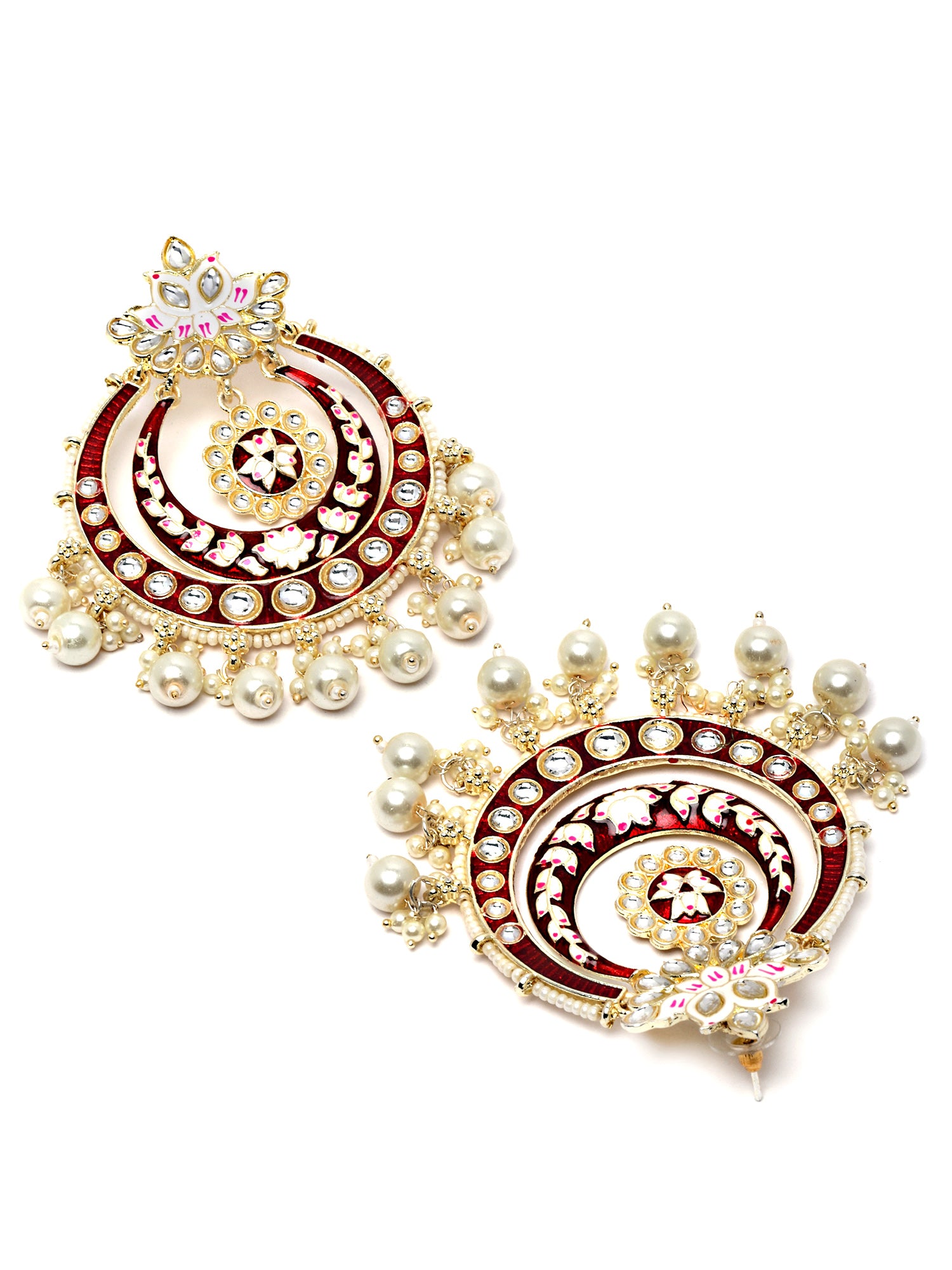 Karatcart Gold Plated Red Meena Pearl and Kundan Studded Chandbali Earrings for Women - view 5