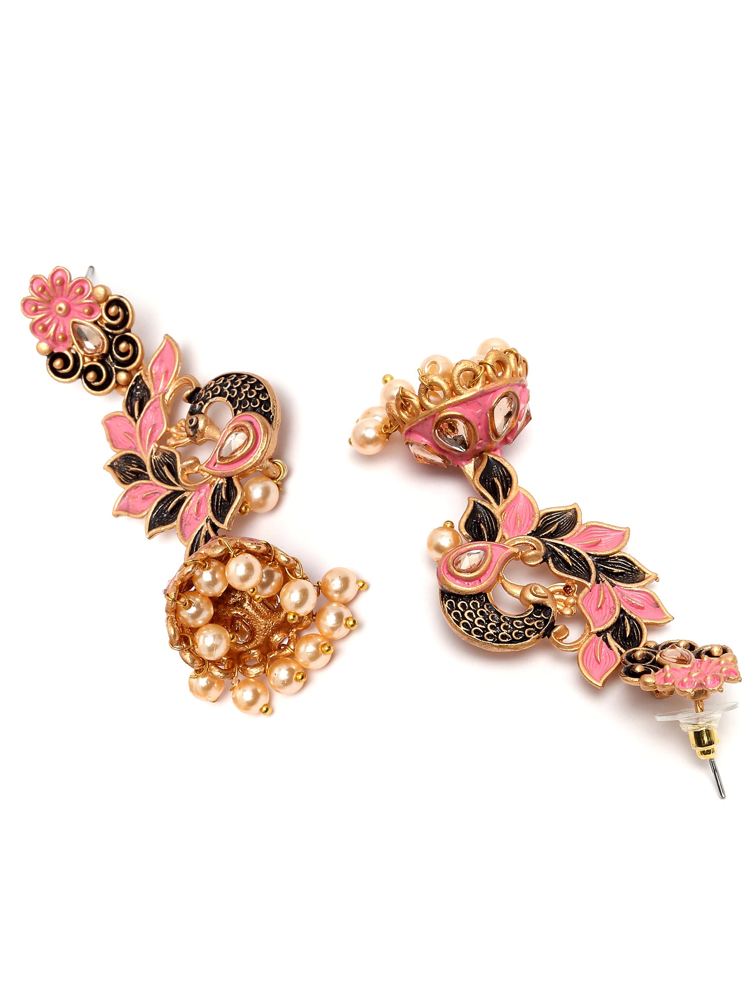 Karatcart Gold Plated Peacock Shape Pink Kundan Dangler Jhumki Earrings for Women - view 5