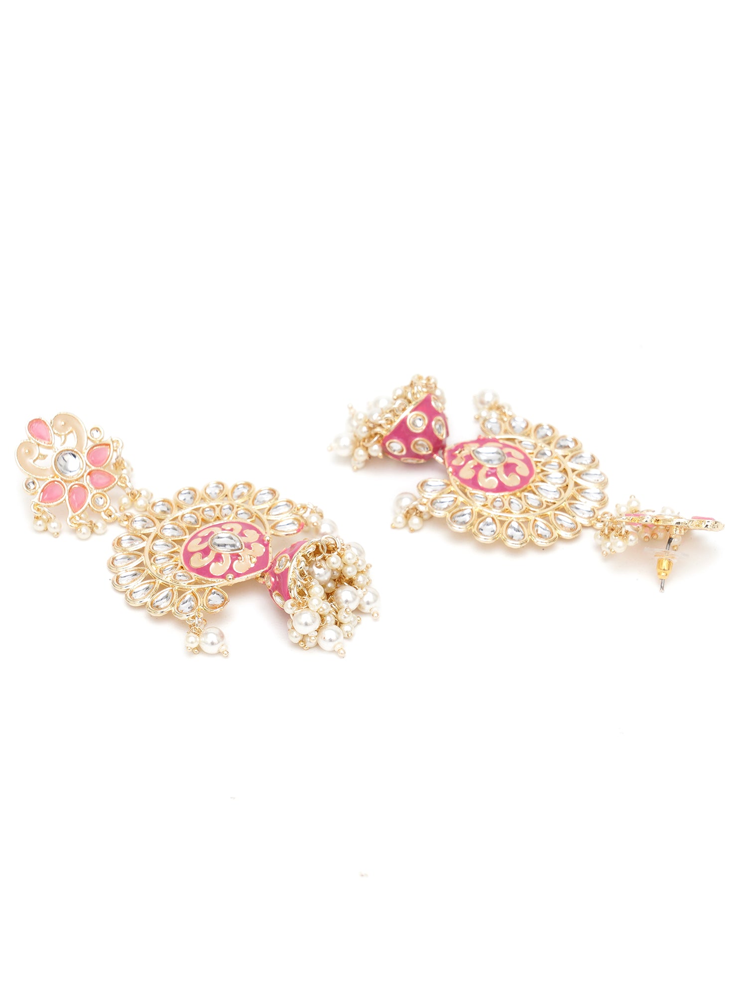 Karatcart Gold Plated Pink Meena Kundan Studded Dangler Jhumki Earrings for Women - view 5