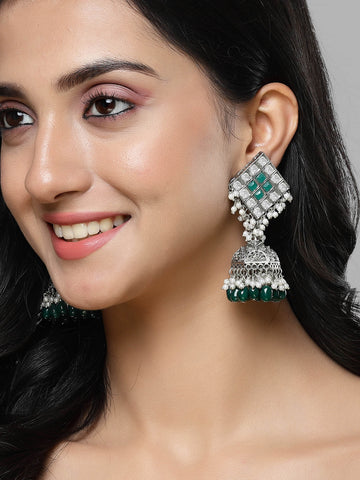 Karatcart Oxidised Silver Green Tumble Jhumki Earring for Women