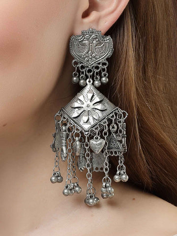 Karatcart Antique Finish Tribal Oxidised Silver Lightweight Triangular Jhumki Earrings for Women