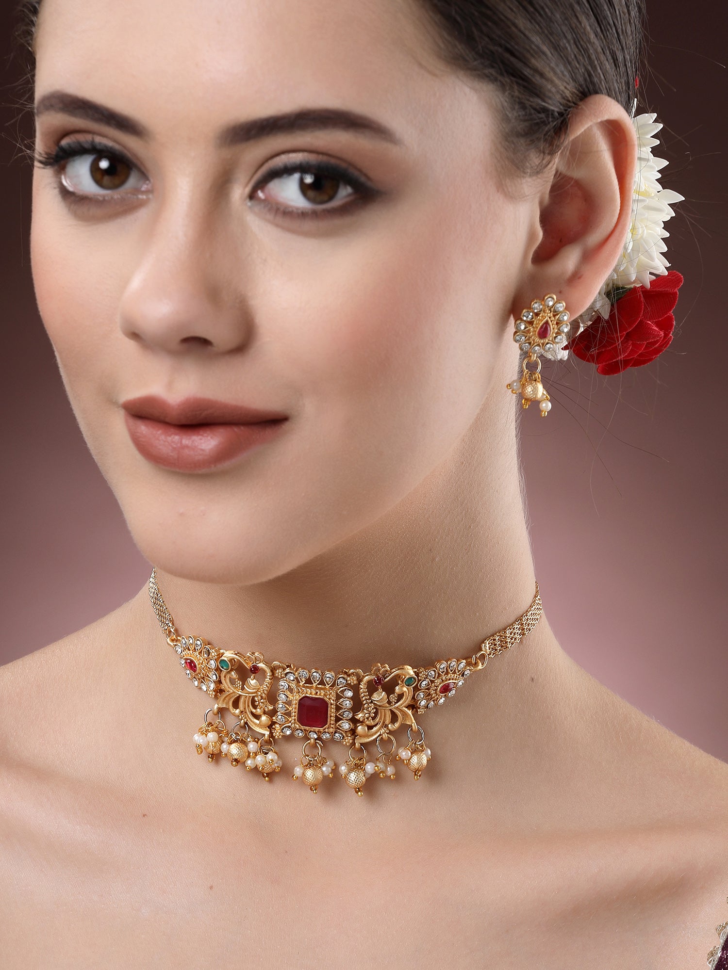 Karatcart Gold-Plated Red Stone Studded Temple Jewellery Set