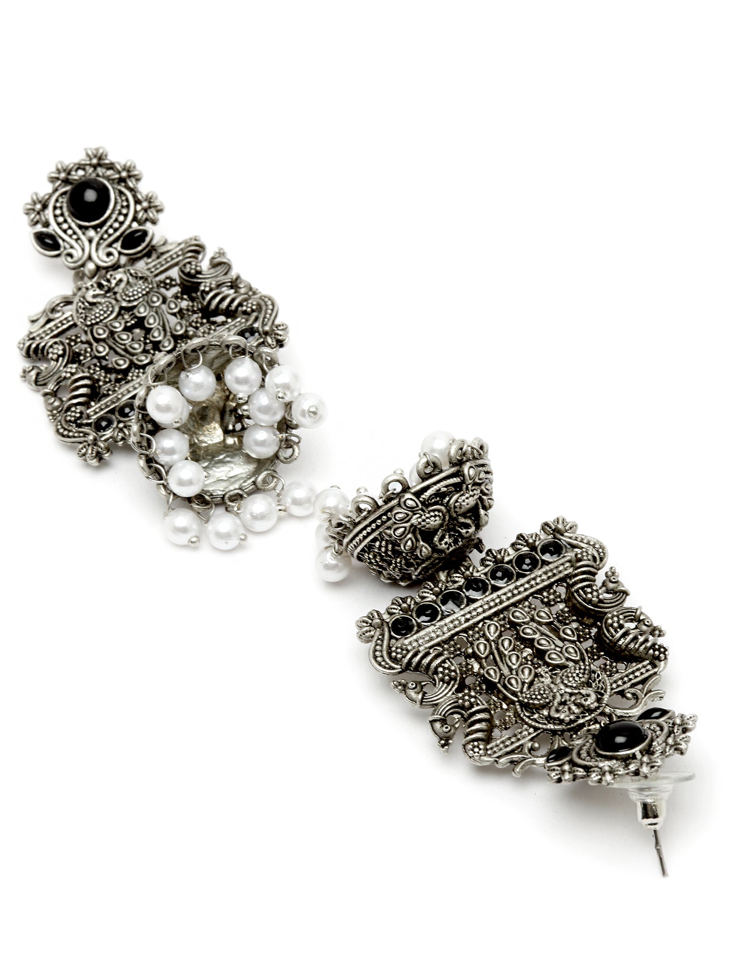 Karatcart Oxidised Silver Peacock Black Stone Studded Dangler Jhumki Earrings for Women - view 5
