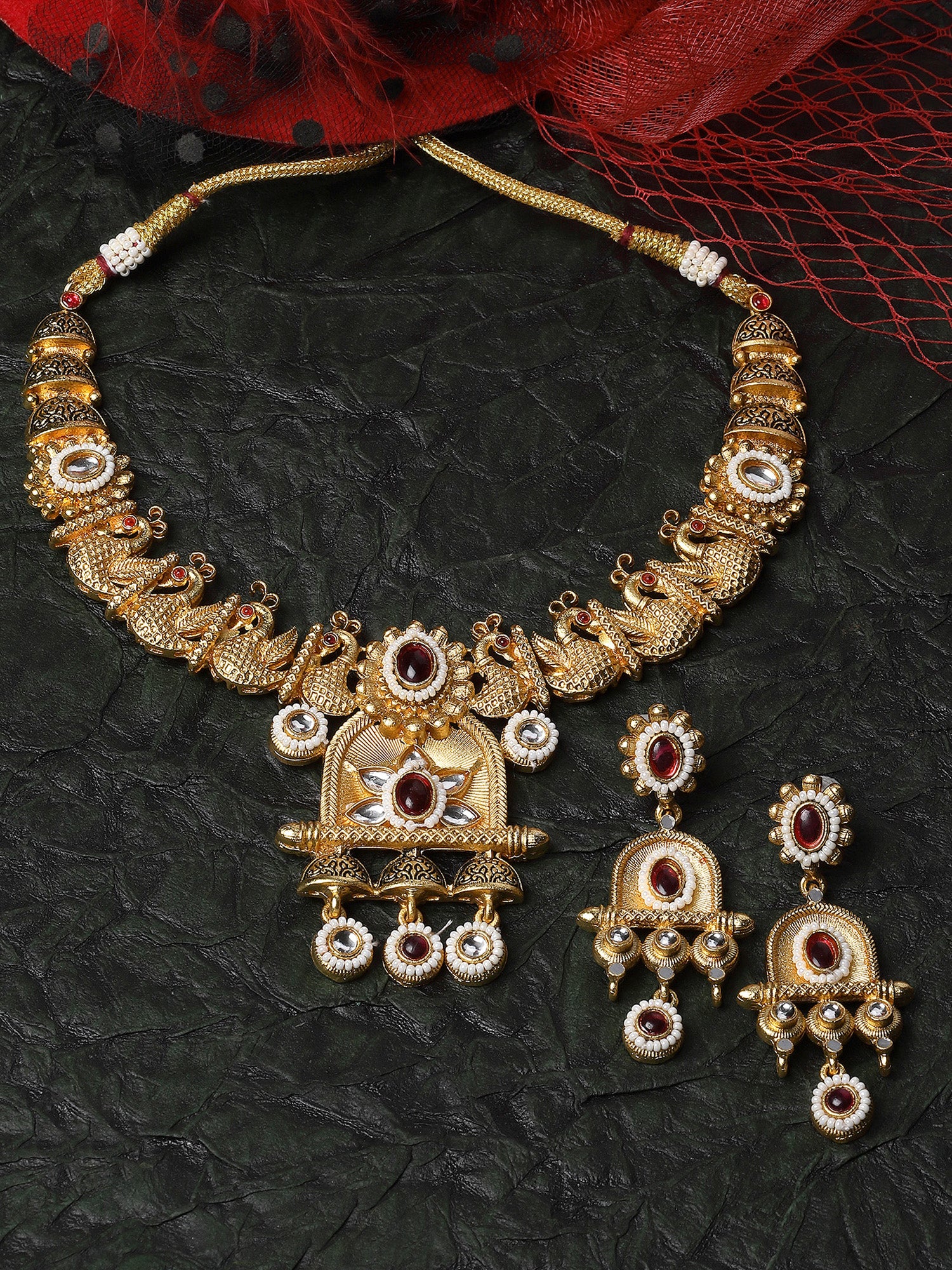 Karatcart Gold Plated Red Stone Peacock Design Temple Jewellery Set for Women - Image 1