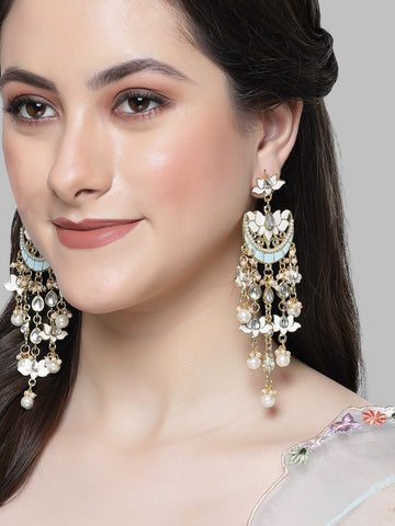 Karatcart Gold Plated White Meena Lotus Design Kundan Drop Earrings for Women