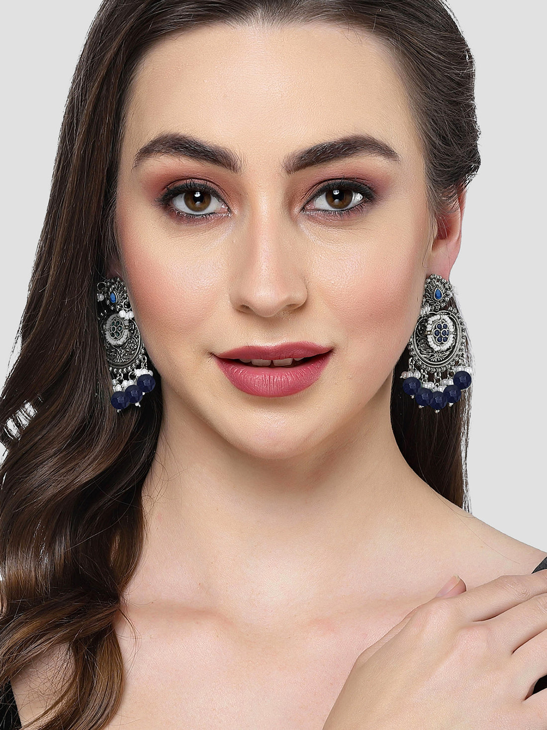 Karatcart Oxidised Silver Blue Beads Floral Drop Earrings for Women