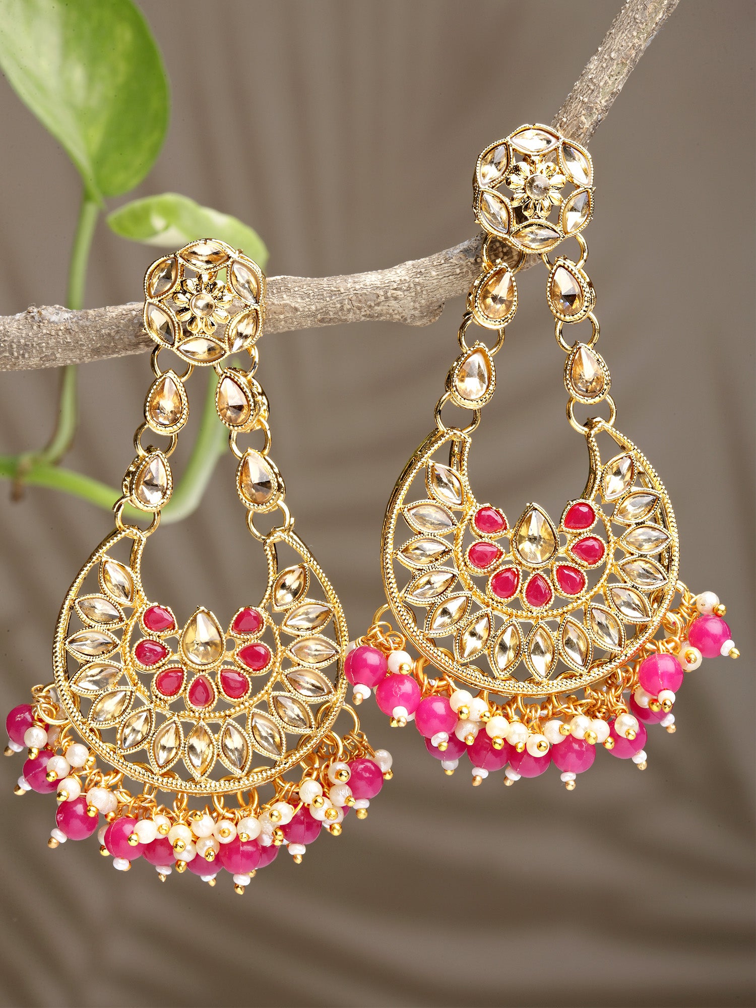 Karatcart Gold Plated Pink Beads Kundan Studded Dangler Earrings for Women - view 3