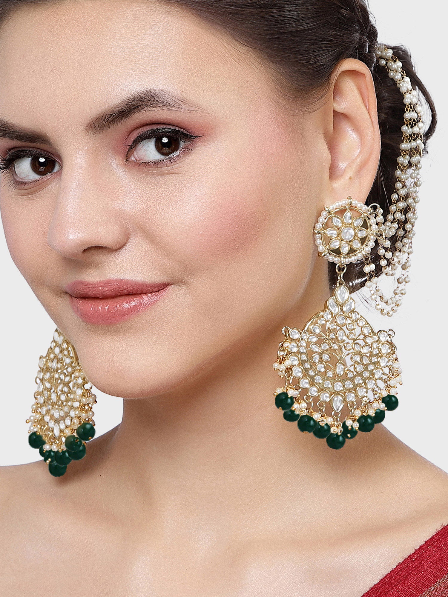 Karatcart Gold Plated Green Beads Kundan Kaanchain Earrings for Women - Image 1