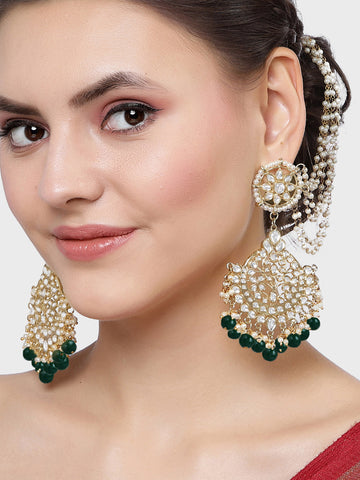 Karatcart Gold Plated Green Beads Kundan Kaanchain Earrings for Women