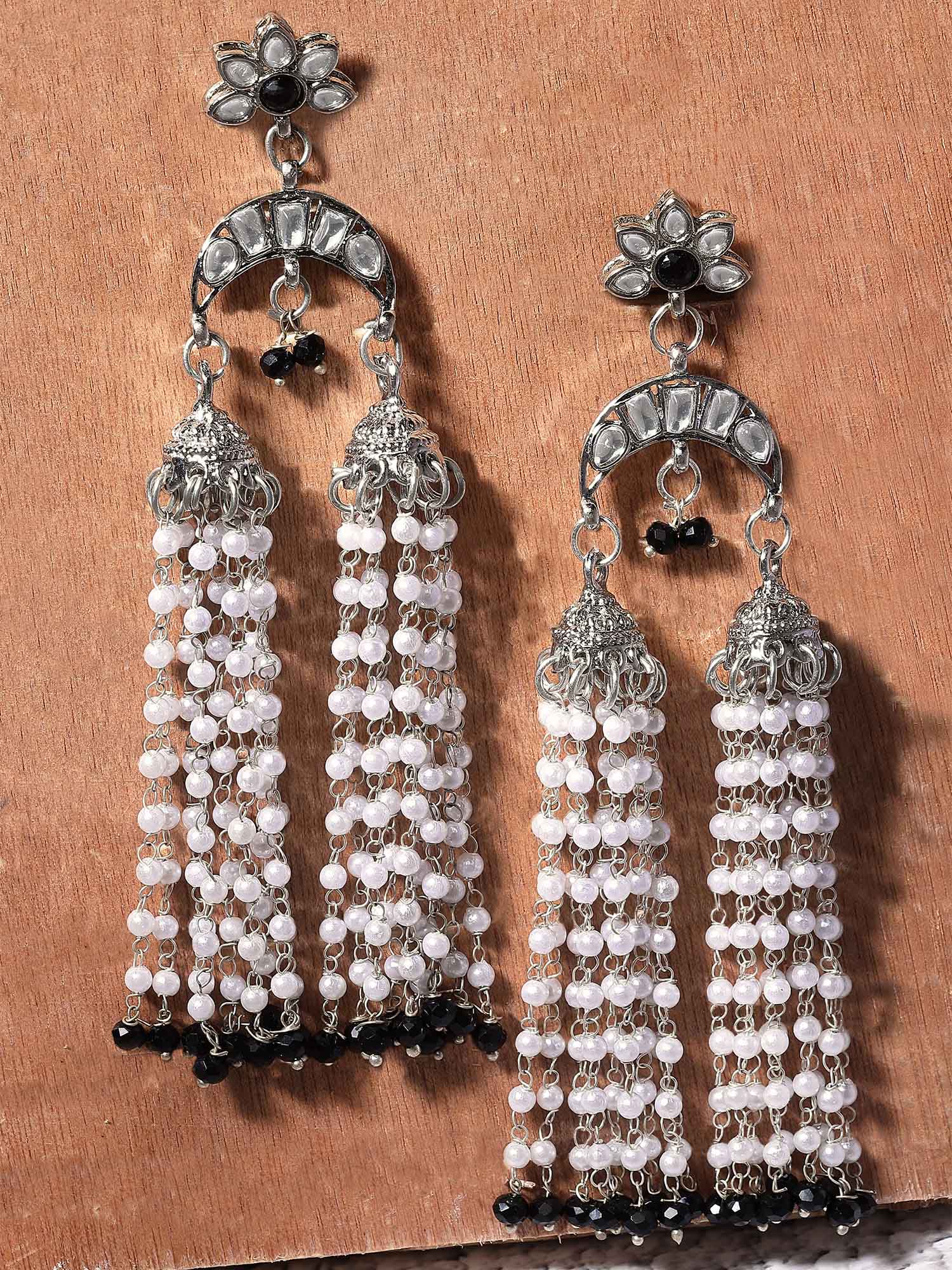 Karatcart Oxidised Silver Black Crystal and Pearl Kundan Drop Earrings for Women - view 3