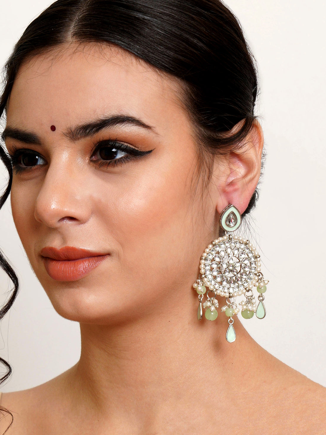 Karatcart Oxidised Silver Light Green Floral Kundan Dangler Earrings for Women