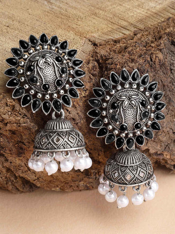 Karatcart Oxidised Silver Black Stone Studded Jhumki Earring for Women