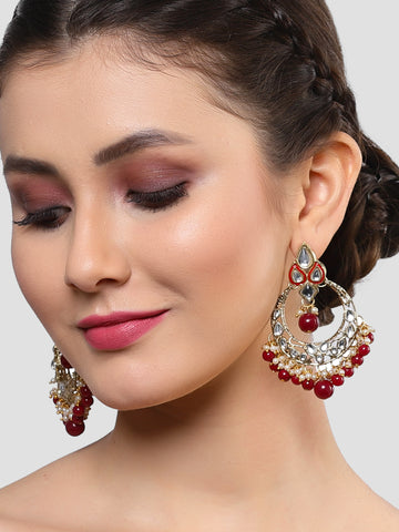 Karatcart Gold Plated Red Beads Studded Kundan Chandbali Earrings for Women