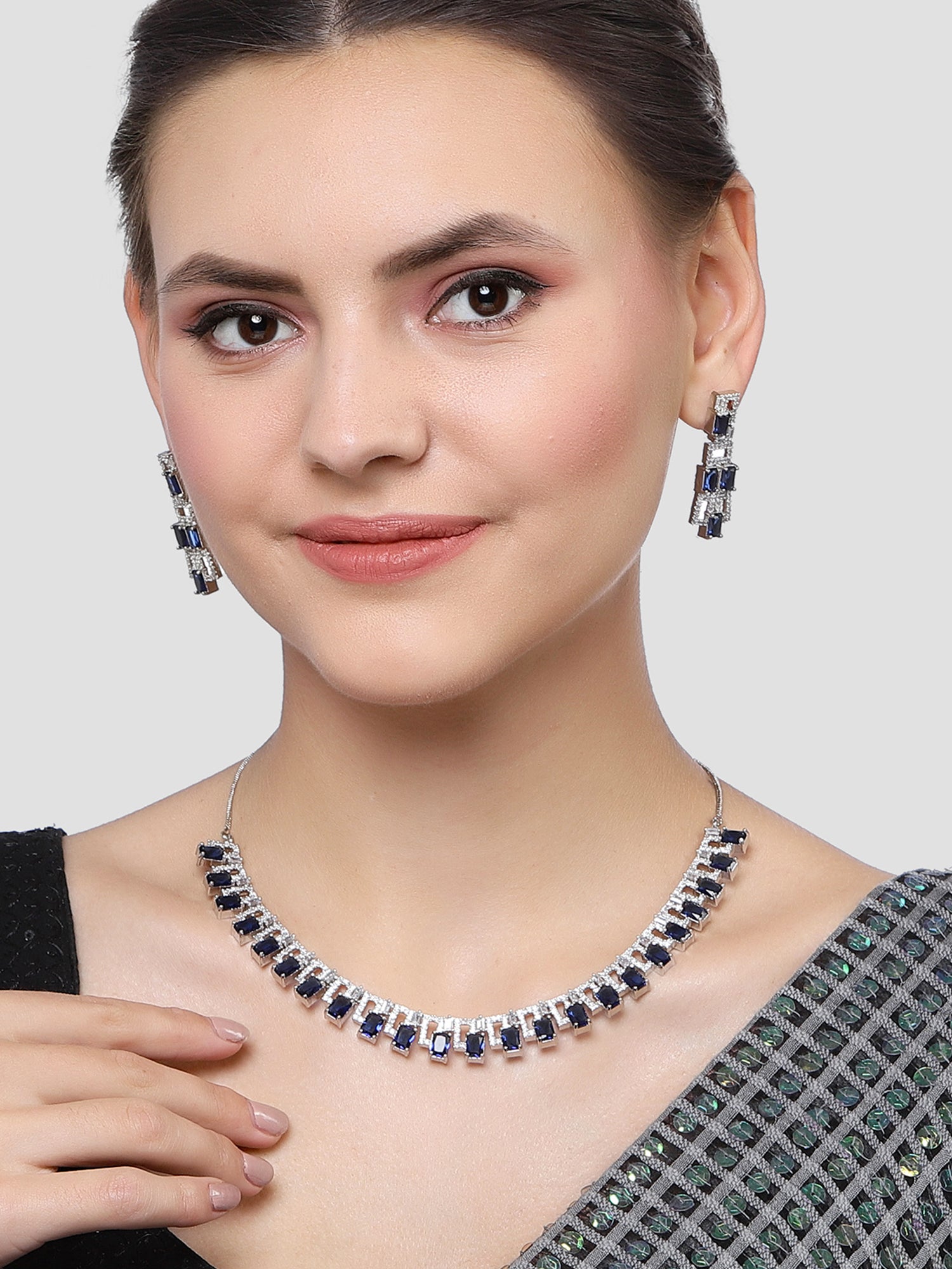 Karatcart Silver Plated Blue Cubic Zirconia Studded Necklace Set for Women - Image 1