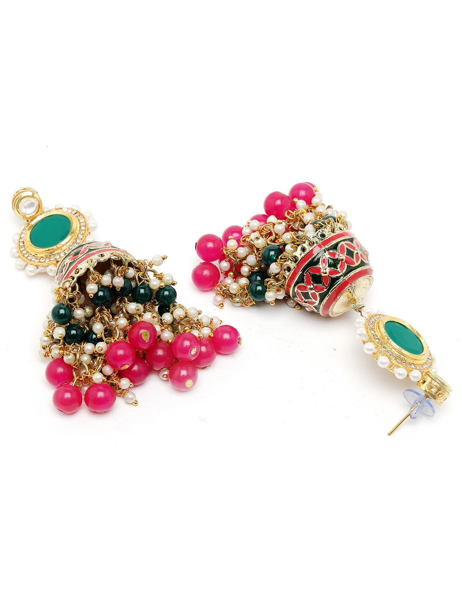 Karatcart Gold Plated Green and Pink Meena Polki Kundan Jhumki Earrings for Women - Image 1