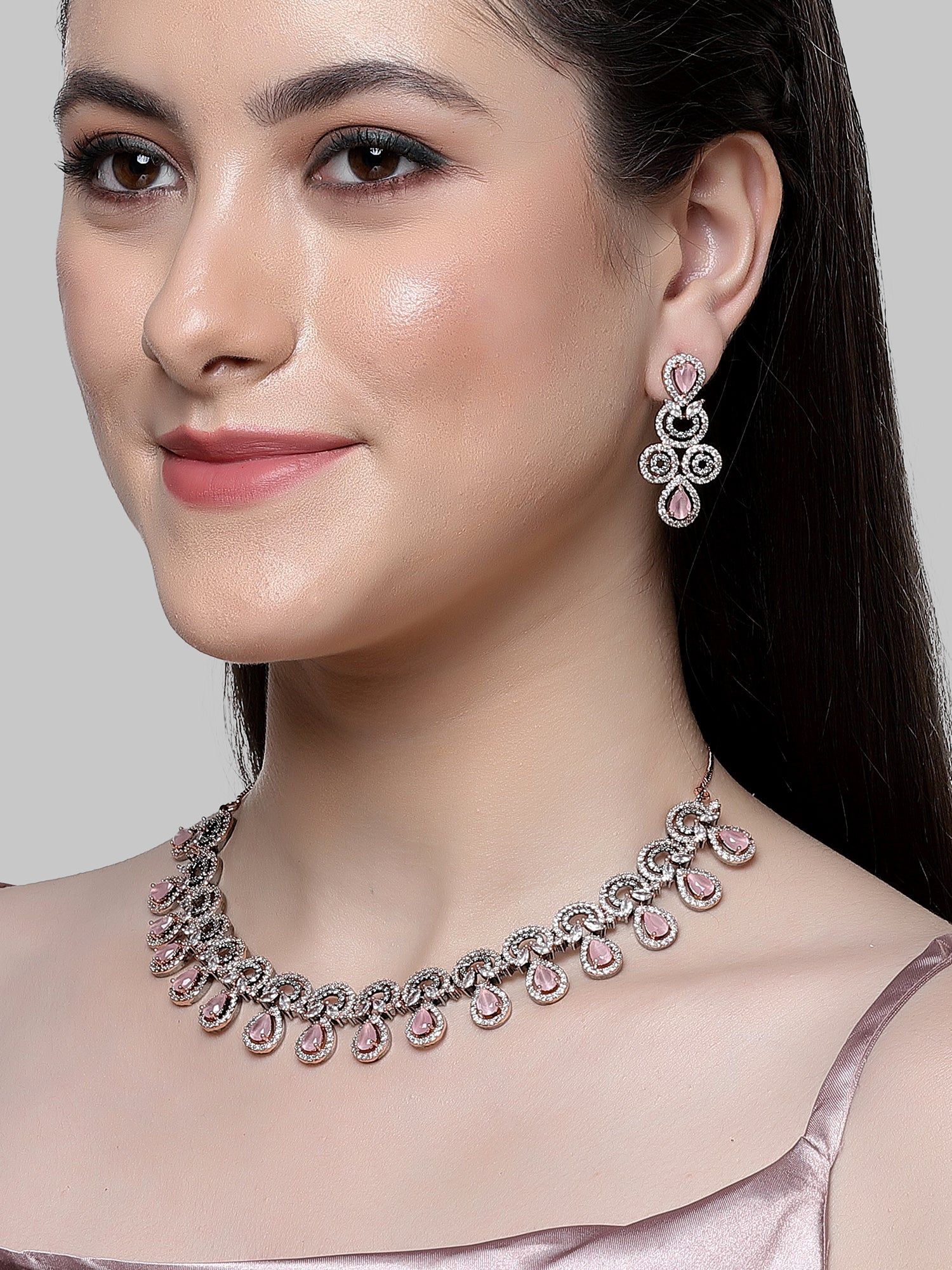 Karatcart Black and Rose Gold Plated Pink Cubic Zirconia Necklace Set for Women - view 2