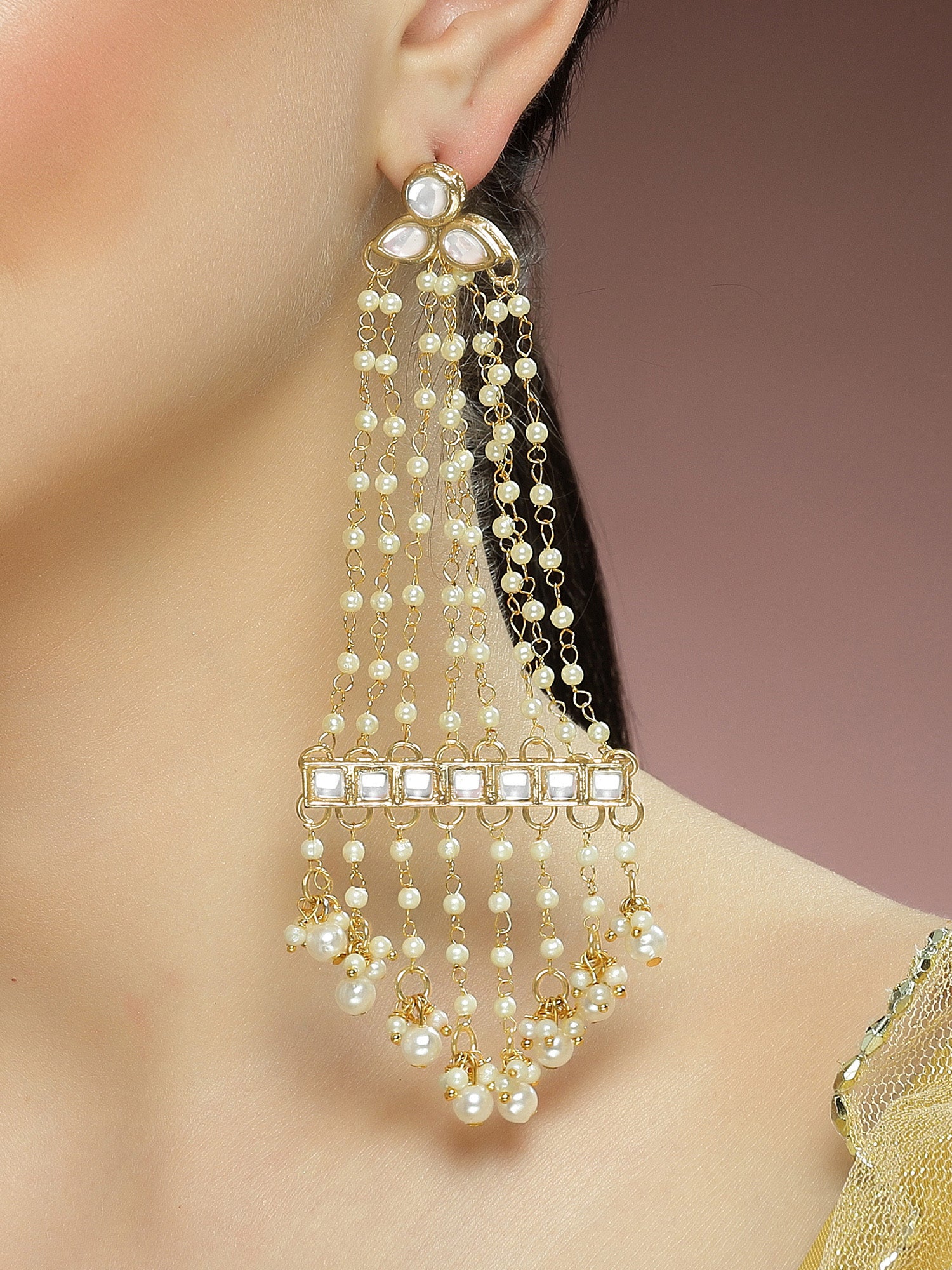 Karatcart Gold Plated Pearl Chain Kundan Drop Earrings for Women - Image 1