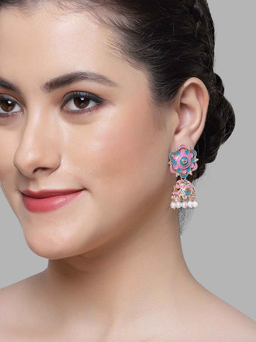 Karatcart Rose Gold Plated Floral Design Blue and Pink Meena Jhumki Earrings for Women