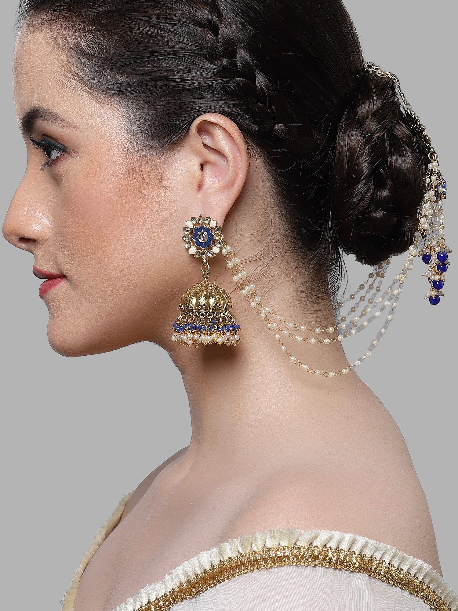 Karatcart Gold Plated Blue Meena Kundan Jhumki Earrings with Juda Pin for Women - Image 1