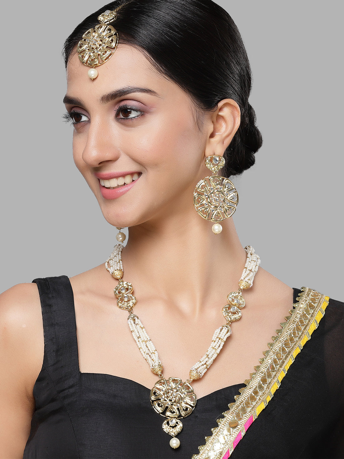 Karatcart Gold Plated Beaded Pearl and Kundan Rani Haar Necklace Set for Women