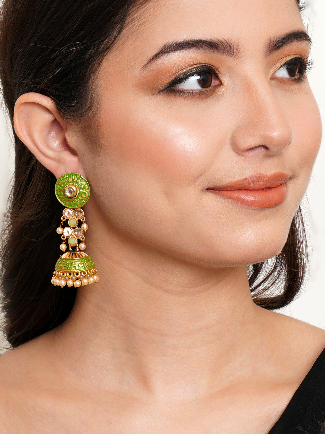 Karatcart Gold Plated Light Green Meena and Pearl Studded Jhumki Earrings for Women