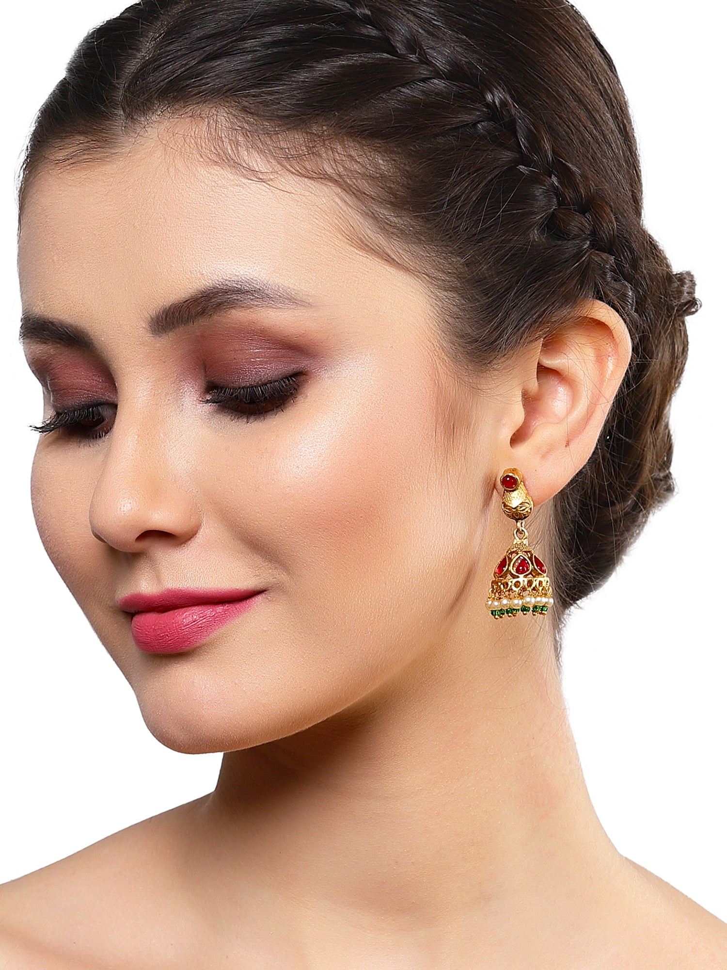 Karatcart Gold Plated Red Kundan and Pearl Studded Jhumki Earrings for Women - Image 1