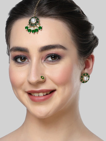 Karatcart Gold Plated Green Stone and Beads Studded Earrings with Maangtikka and Nath Combo