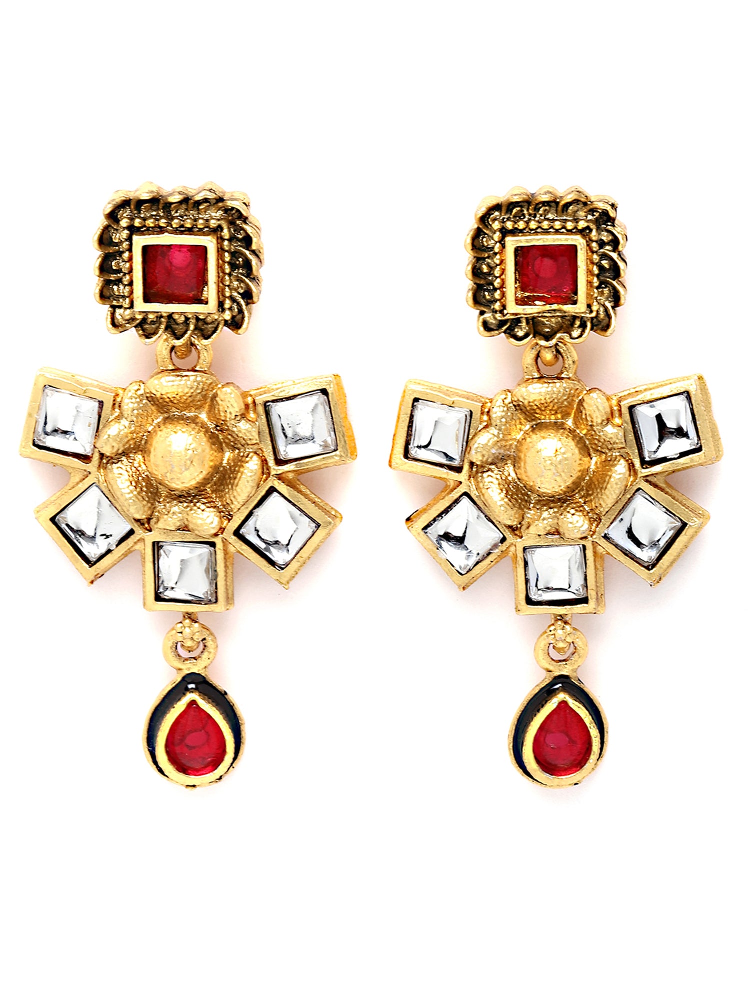 Karatcart Gold Plated Floral Design Red and White Kundan Dangler Earrings for Women - view 4