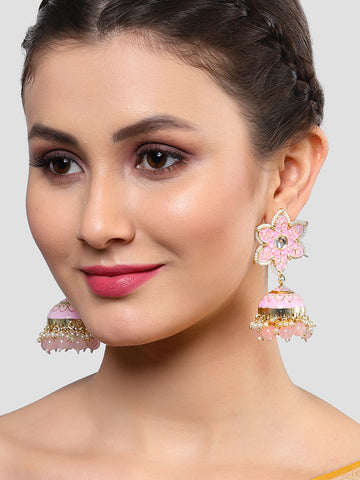 Karatcart Gold Plated Pink Meena Floral Shape Kundan Jhumki Earrings for Women