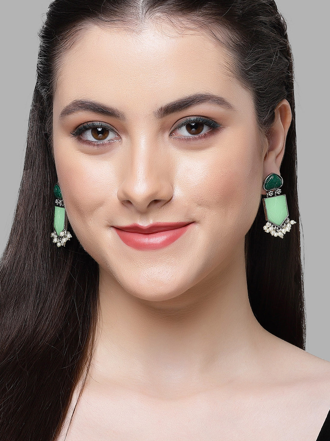 Karatcart Silver Tone Dark Green & Lime Green Carved Stone Studded Drop Earrings for Women