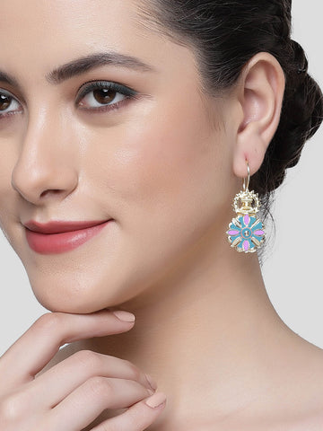 Karatcart Gold Plated Light Blue and Pink Meena Floral Drop Earring for Women