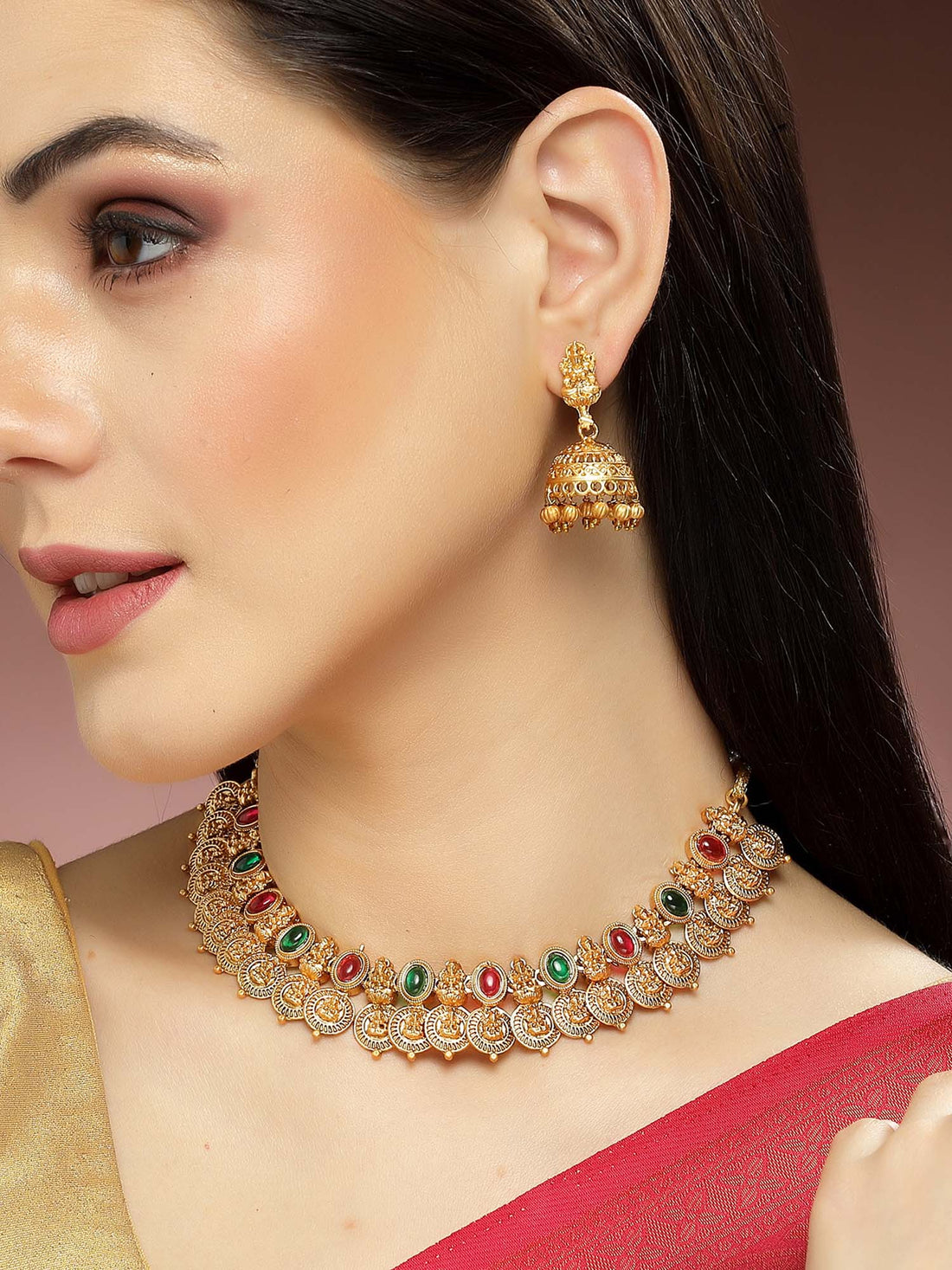 Karatcart Gold Plated Red & Green Stones Classic Laxmi Mata Temple Jewellery Set for Women