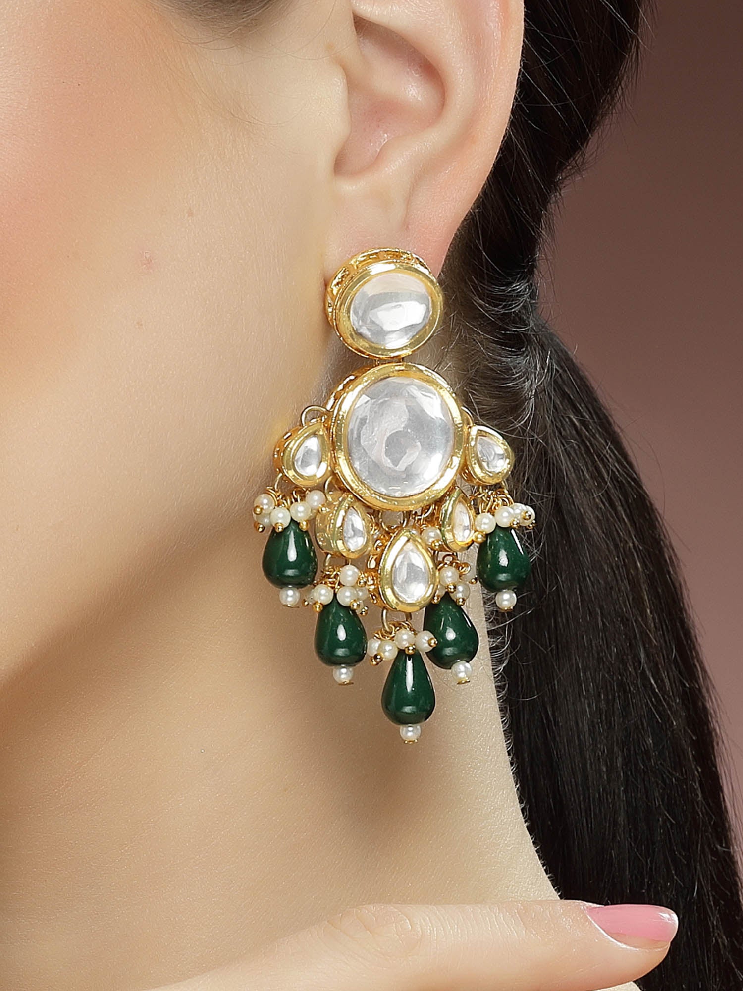 Karatcart Gold Plated Polki Kundan Green Beads Dangler Earrings for Women - Image 1