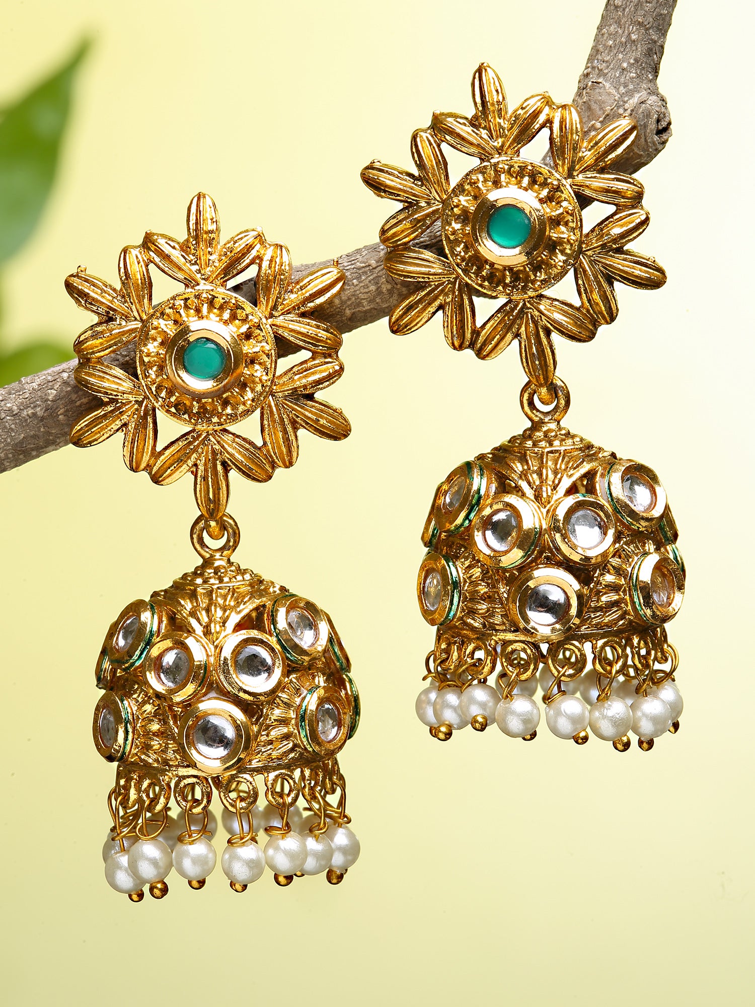 Karatcart Gold Plated Green Floral Polki Kundan Studded Jhumki Earrings for Women - view 3