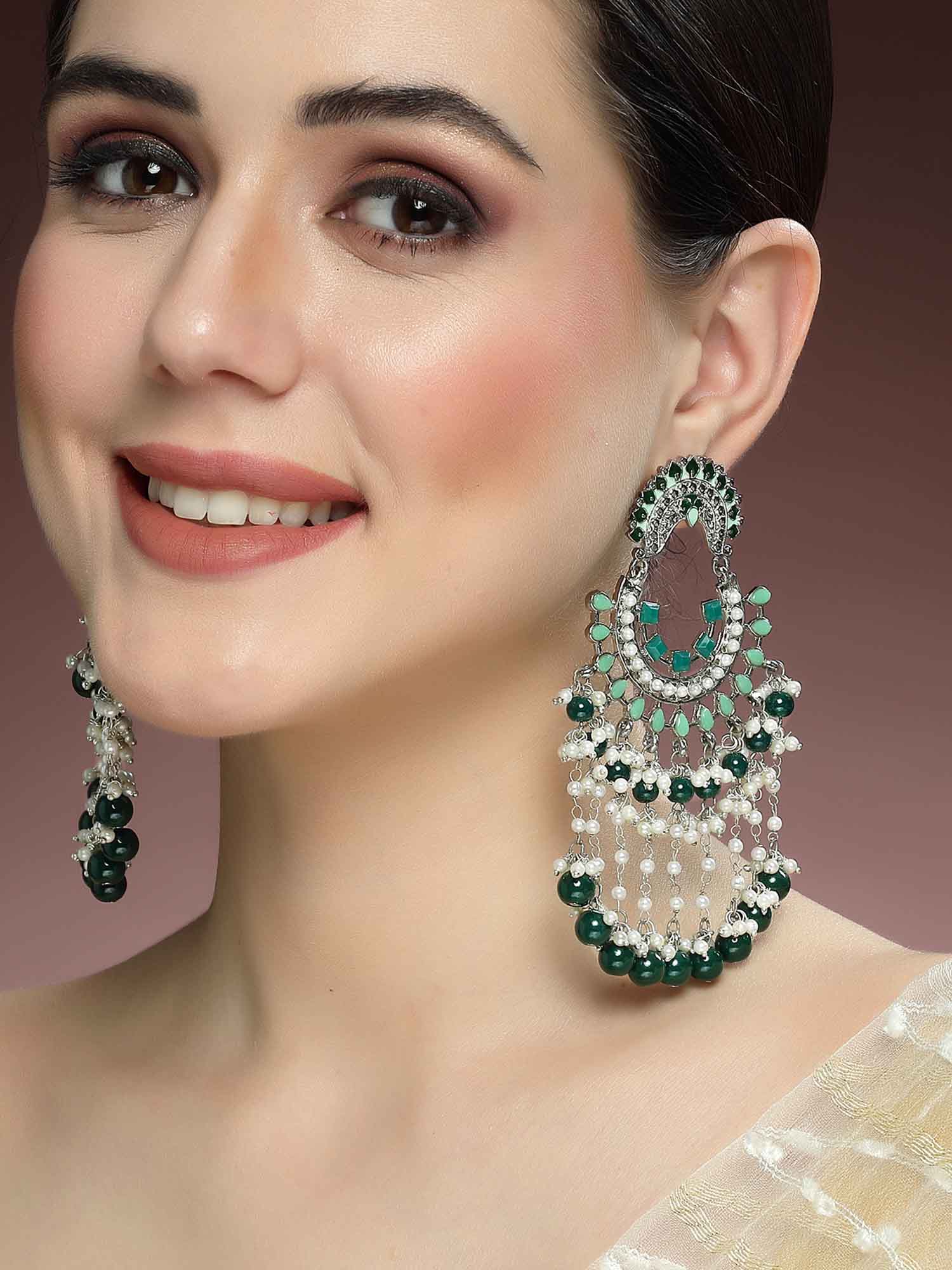 Karatcart Gold Plated Green Beads Kundan Dangler Earrings for Women - view 2