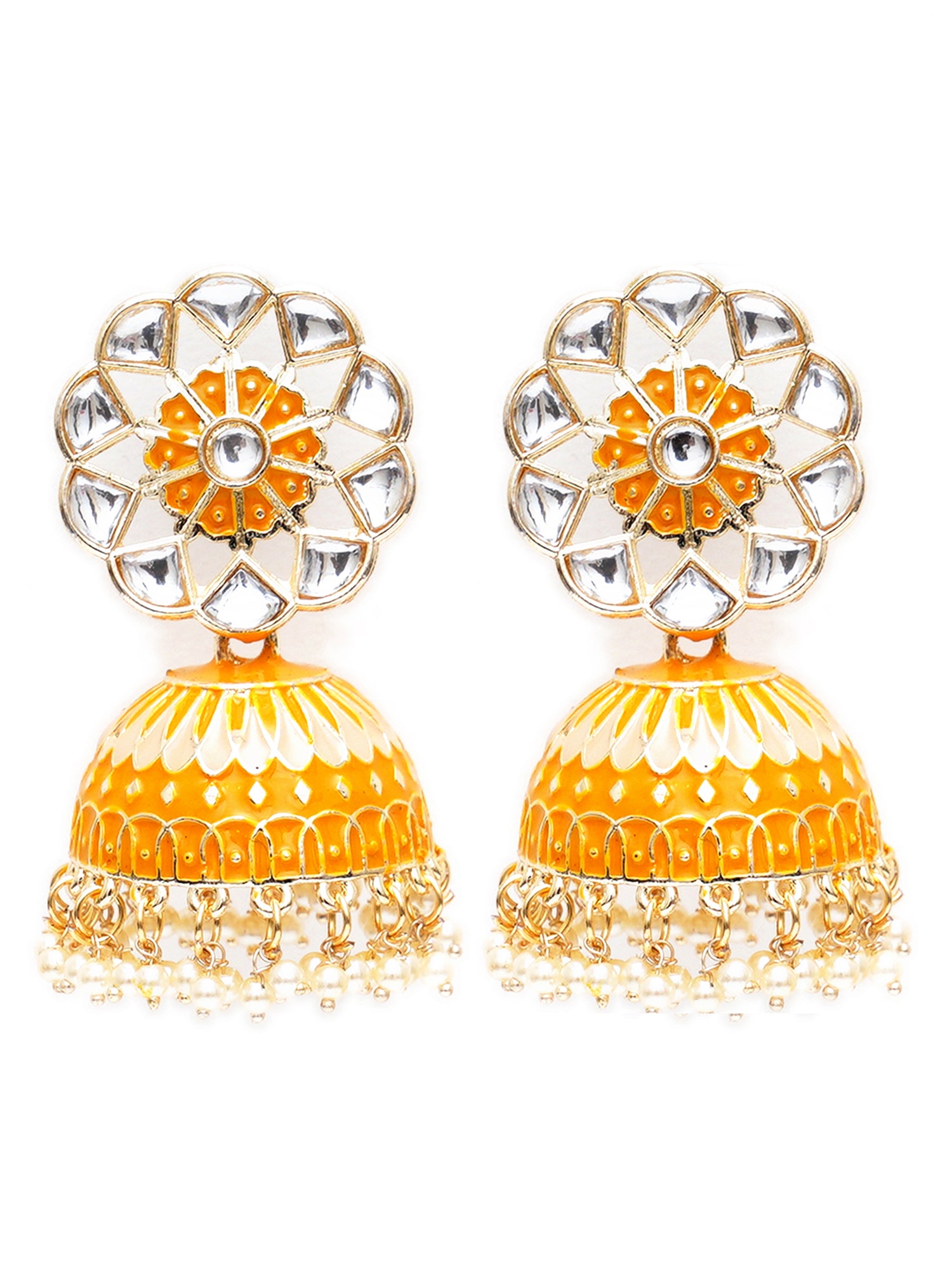 Karatcart Gold Plated Yellow Meena Kunda Studded Jhumki Earrings for Women - view 4