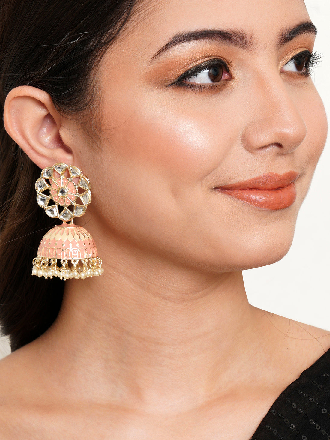 Karatcart Gold Plated Baby Pink Meena Kunda Studded Jhumki Earrings for Women