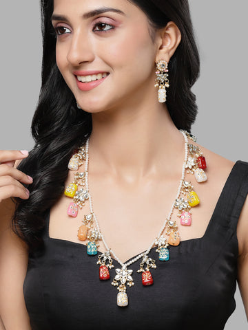 Karatcart Multicolor Tumble Stone Studded Navratan Rani Haar Necklace Set for Women