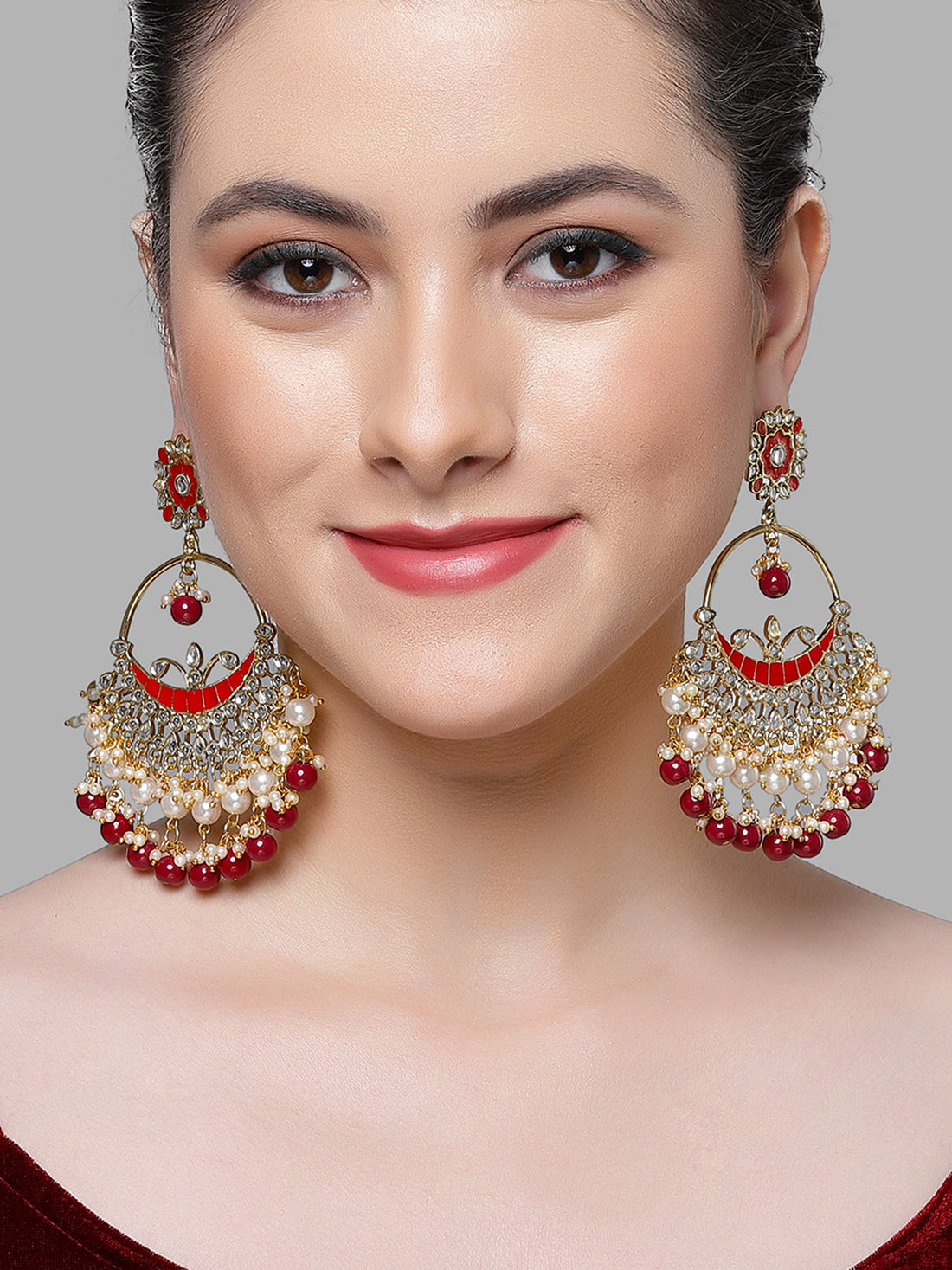 Karatcart Gold Plated Red Beads and Pearl Kundan Chandbali Earrings for Women