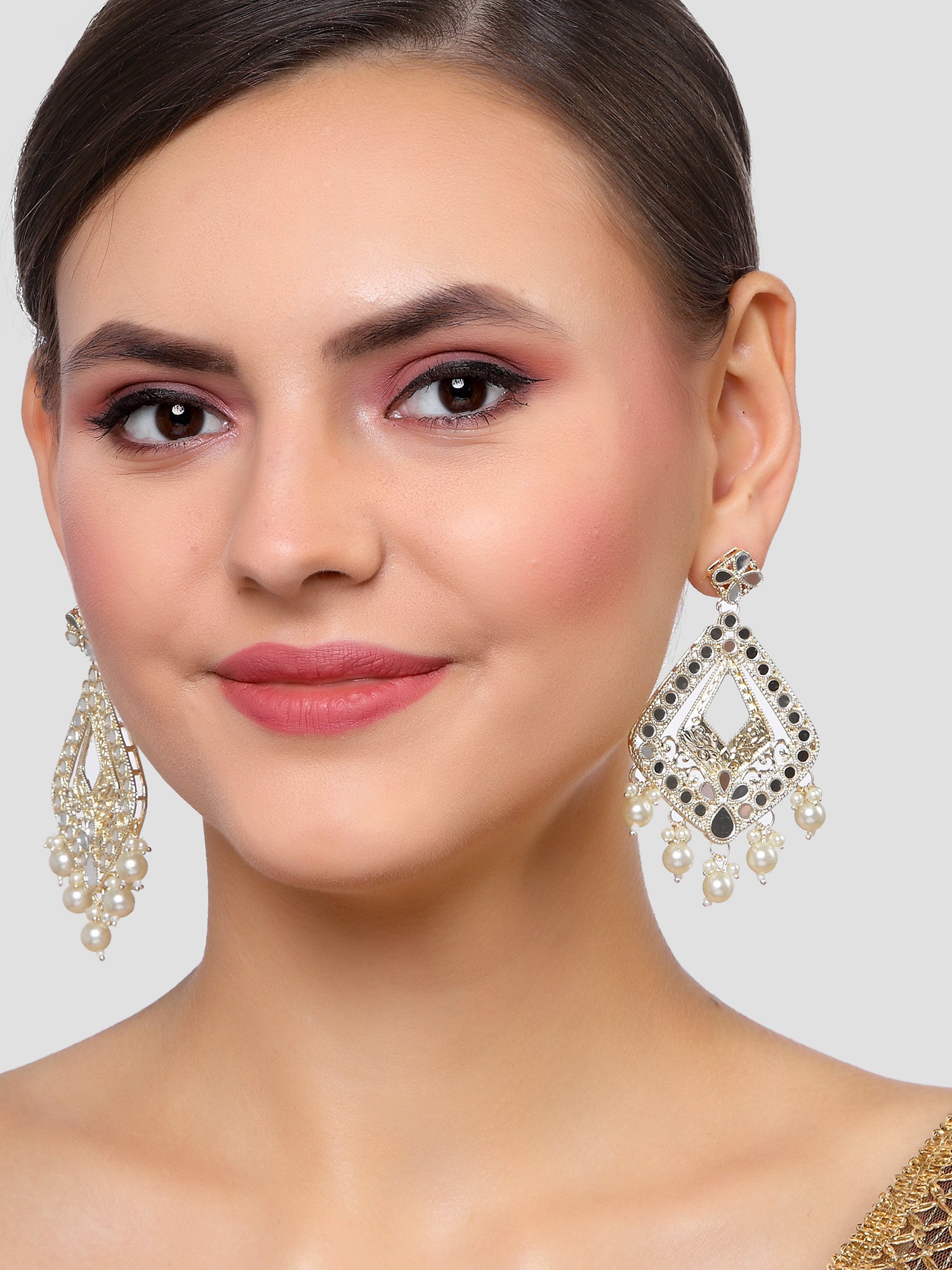 Karatcart Gold Plated Mirror Studded Diamond Shape Dangler Earrings for Women - view 2