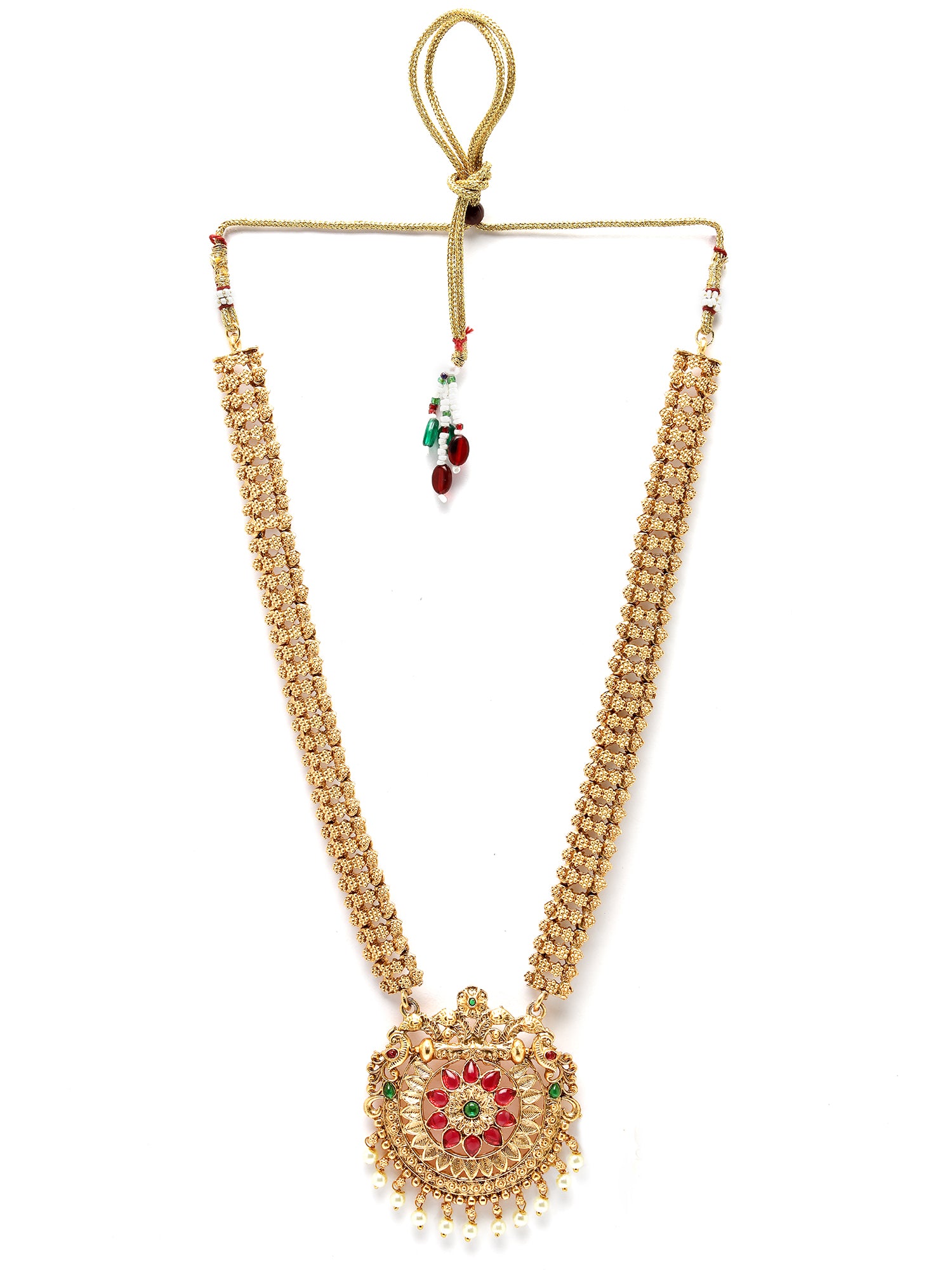 Karatcart Gold Plated Red Stone Floral Design Rani Haar Temple Jewellery Set for Women - view 5