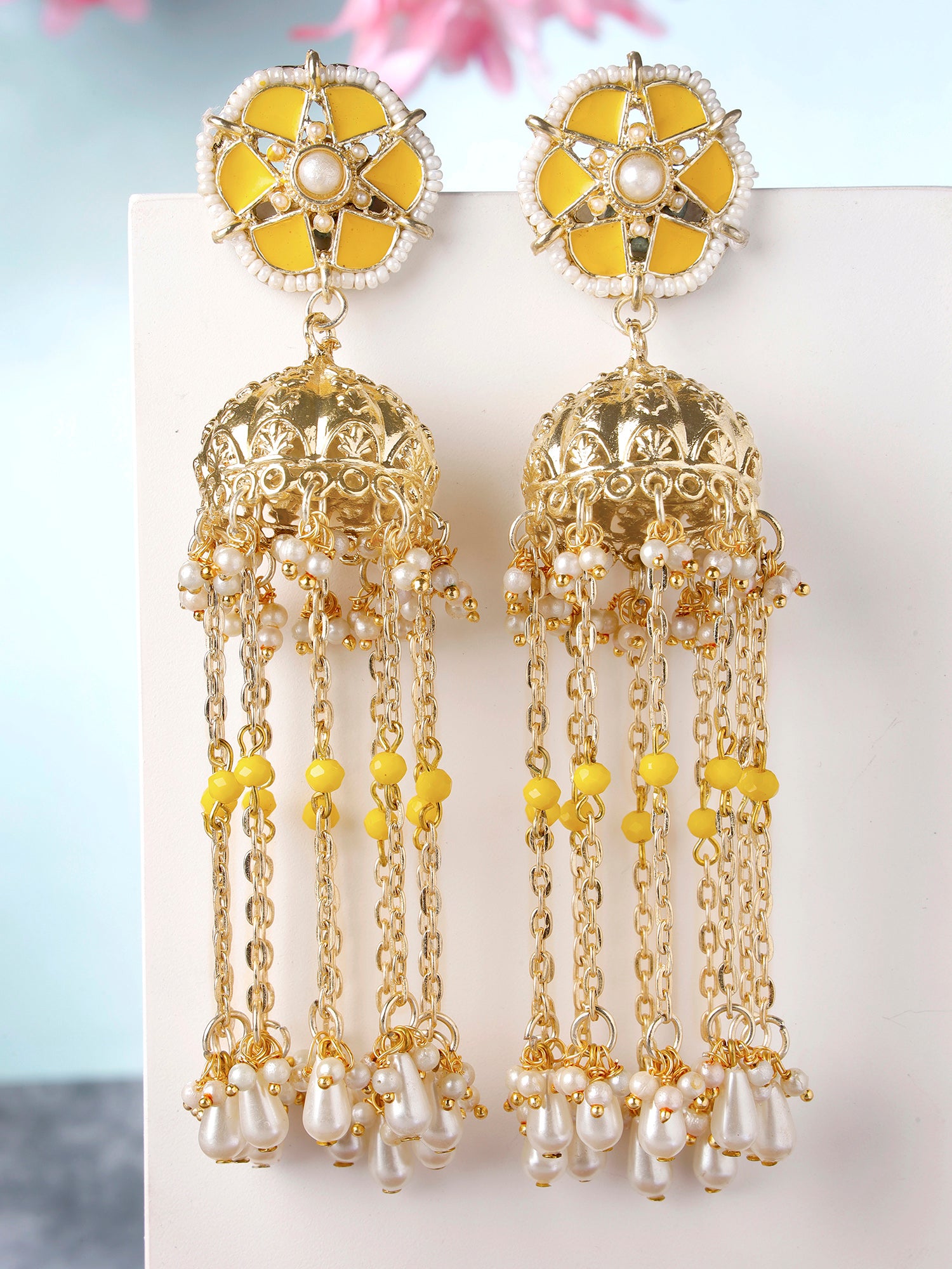 Karatcart Yellow Meena Gold Plated Kundan Pearl Tassel Chain Jhumki Earrings for Women - view 3