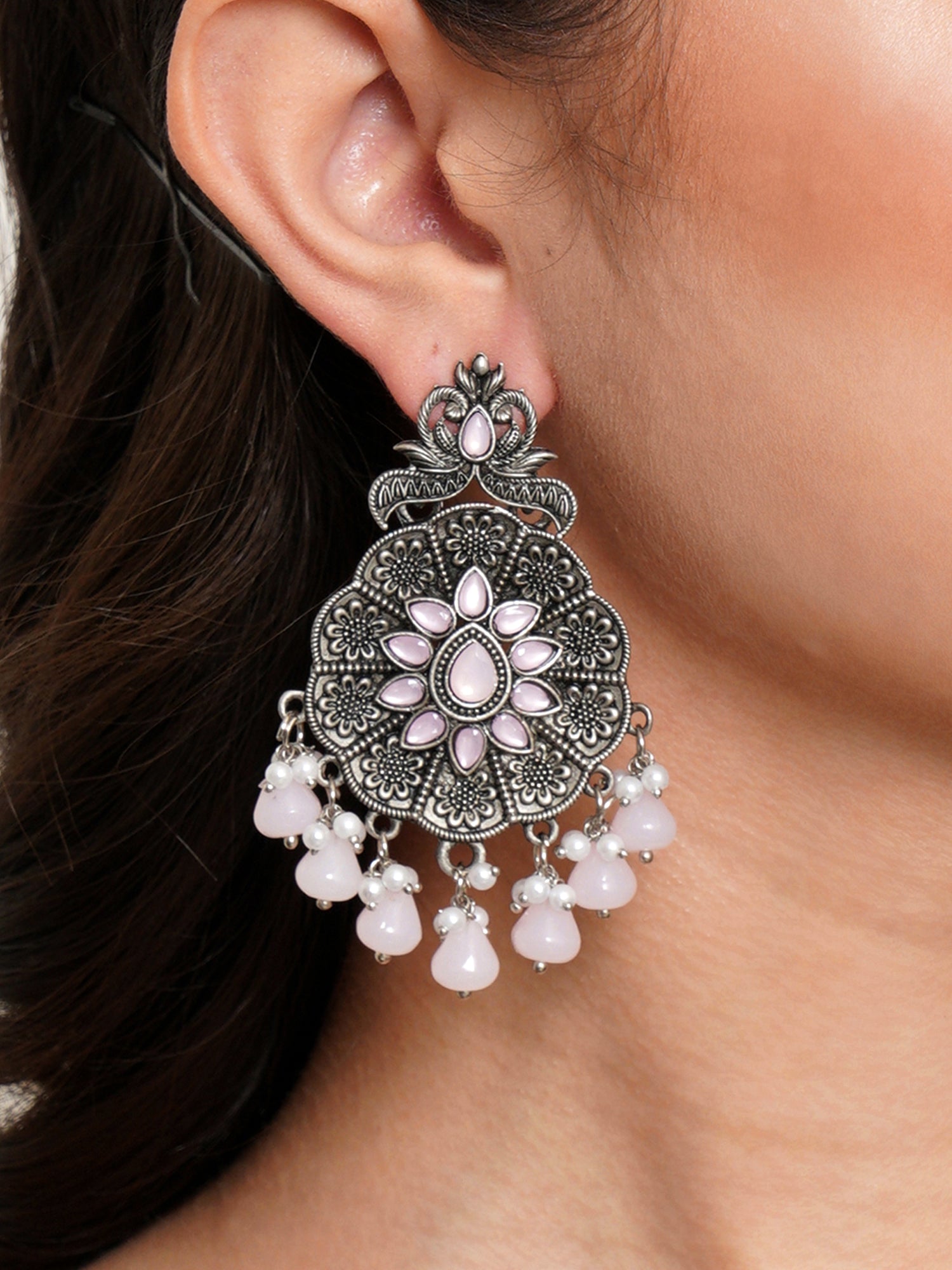 Karatcart Oxidised Silver Pink Monalisa Stone Studded Floral Dangler Earrings for Women - Image 1