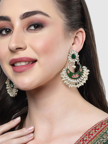 Karatcart Gold Plated Lotus Design Green and Peach Meena Kundan Dangler Earrings for Women